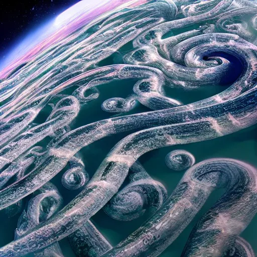 Prompt: tentacles covering earth, shot from space, space, sci - fi, twisted tentacles, amazing 4 k high quality digital art, trending on artstation, award - winning