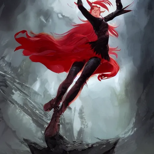 Image similar to beautiful female mage with red hair, keira knightley, black clothing, dark feathered wings, intricate, highly detailed face, cory behance hd by jesper ejsing, by rhads, makoto shinkai and lois van baarle, ilya kuvshinov, rossdraws global illumination