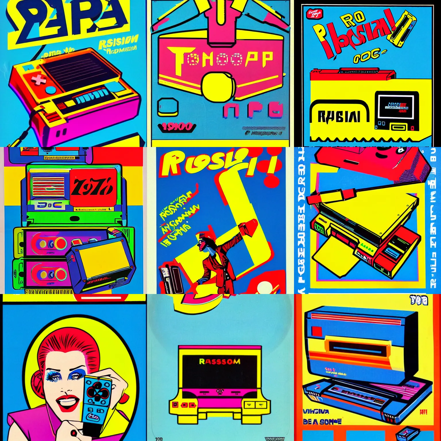 Prompt: an advertisement for a cartridge for a russian game console from the 1 9 8 0 s, pop art style with bright colors and groovy lettering