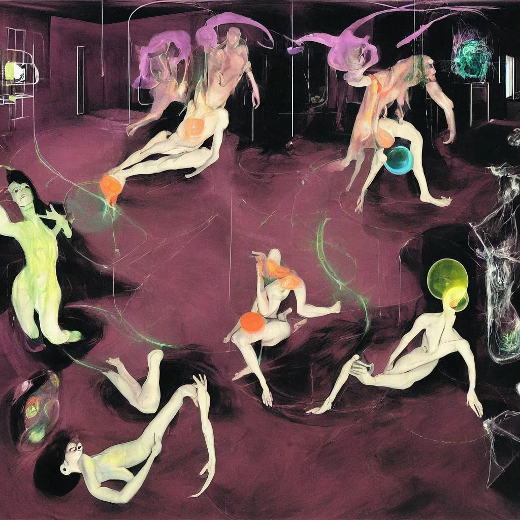 Image similar to Man and woman start to bounce in a living room of a house, floating dark energy surrounds the middle of the room. There is one living room plant to the side of the room, surrounded by a background of dark cyber mystic alchemical transmutation heavenless realm, cover artwork by francis bacon and Jenny seville, midnight hour, part by adrian ghenie, part by jeffrey smith, part by josan gonzales, part by norman rockwell, part by phil hale, part by kim dorland, artstation, highly detailed