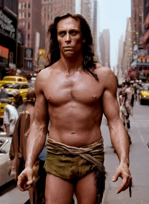 Prompt: film still, portrait of tarzan walk on the street of new york, symmetrical, 8 k, medium - format print, half body shot