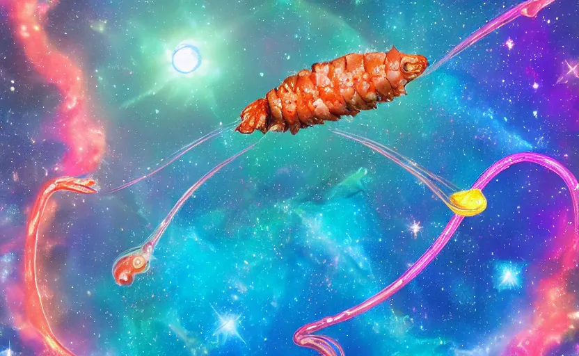 Image similar to a giant water slide through space with shrimp characters on it, colorful nebula's, earth in the background