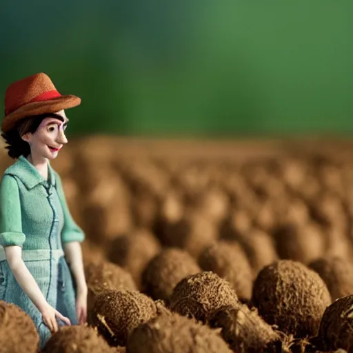 Image similar to a cinematic film still of a claymation stop motion film starring anne hathaway as female farmer, shallow depth of field, 8 0 mm, f 1. 8