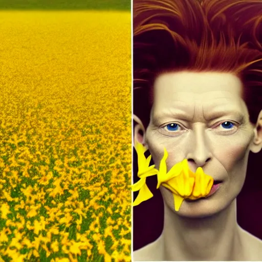 Prompt: medium shot, tilda swinton face fused with daffodil, head covered with leaves, inside the flower, daffodils field, highly detailed, shallow depth, bokeh, codachrome, polaroid, unreal engine, 3 d art, digital art, painting by greg rutkowski