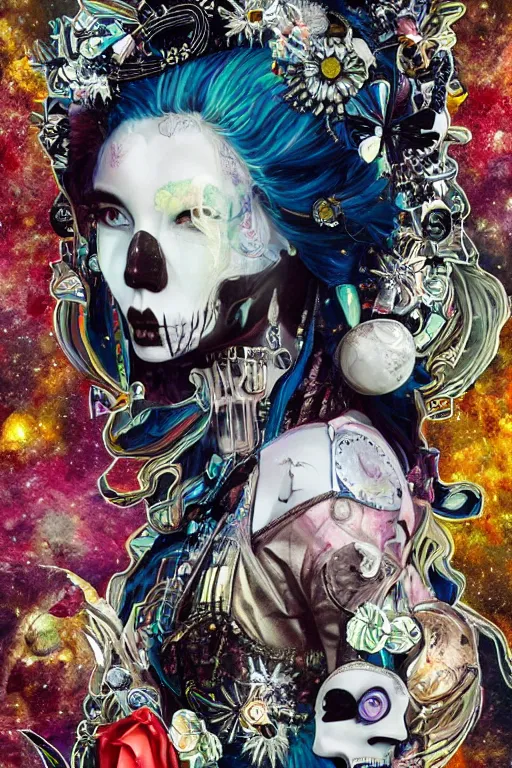 Prompt: Moon Goddess, contemporary, collage, maximalist style, digital painting, 4k, HDR, moon, skull, punk, steampunk, fashion, soft, vintage sharp focus, art by Sandra Chevrier, John Hoyland, teamLab