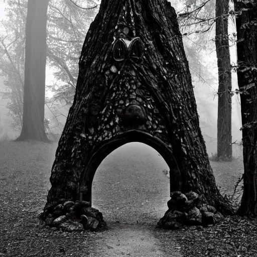 Image similar to gothic faerie portal in the foggy woods black and white