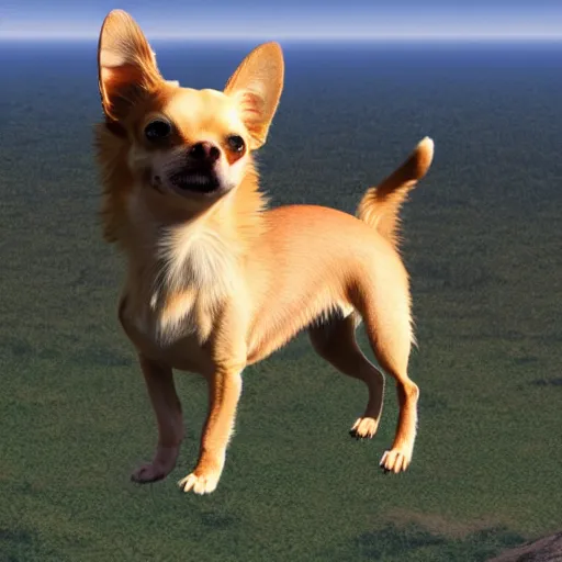 Image similar to chihuahua standing on a hill looking like a lion but it's a chihuahua, highly realistic digital art, 4 k, raytracing