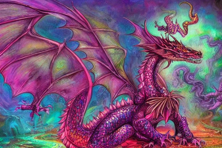 Image similar to full body digital illustration of a cute iridescent magenta baby dragon by Josephine Wall, concept art, matte background, deviantArt, artstation