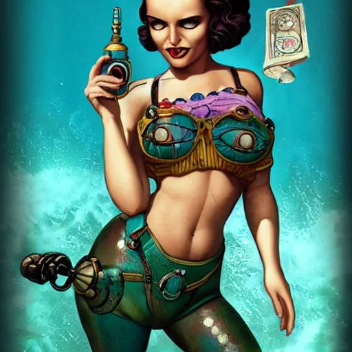 Image similar to lofi underwater bioshock steampunk bikini portrait, Pixar style, by Tristan Eaton Stanley Artgerm and Tom Bagshaw.
