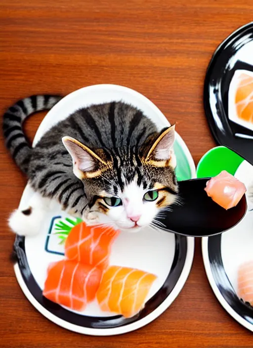 Image similar to clear photograph of cute cats eating sushi from sushi plates