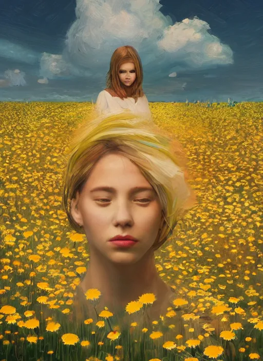 Image similar to portrait of a female face made of giant daisies, standing in a flower field, holding flowers, surreal photography, sunset dramatic light, impressionist painting, colorful clouds, large sky, digital painting, artstation, simon stalenhag