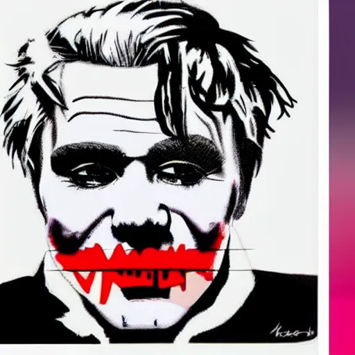 Image similar to andy warhol and banksy draw kanye west as the joker which dance on the street, hyperrealistic content, high definition content, intricate, delete duplicate content, justify content center, 5 colors