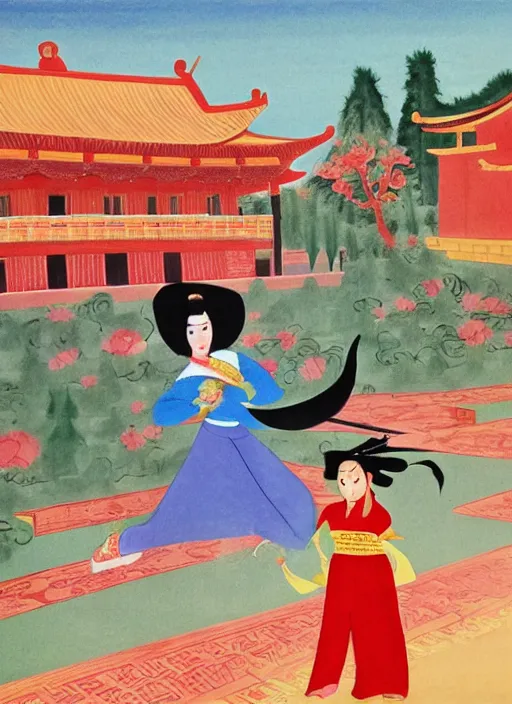 Image similar to mulan in front of chinese temple, by mary blair