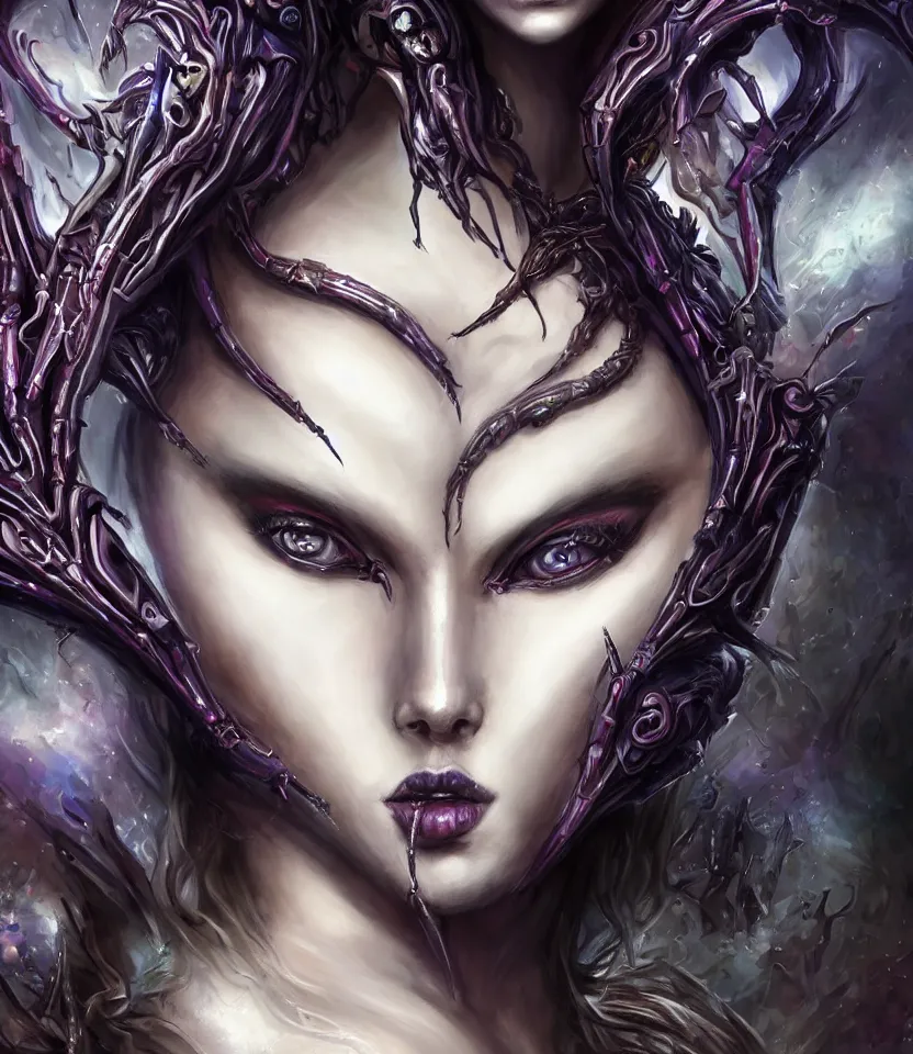 Image similar to close up portrait on the enchanting femenine queen of the zerg, hyper attractive, seductive, very complex, hyper-maximalist, overdetailed, legendary cinematic, darkfantasy, archetype with timeless beauty breathtaking eyes, her spider like legs spread evenly around her framing the image, collossal alien ship in the sky behind her, highly intricate, digital art, very elegant, HDR 8K, biblical art, realism, incomprehensible yet perspicious detail, unbeatable quality, silent hill aesthetic, photorealistic, lifelike, DSLR 8k, unbeatable coherency, Omnious intricate, octane render, created Nixeu & z--ed from deviantart