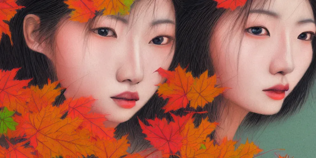 Image similar to detailed pastel colors portrait of a japanese woman made of autumn leaves, by artgerm, fine detail, 8 k