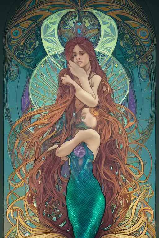 Image similar to a beautiful mermaid, symmetrical features, cinematic lighting, soft bokeh, fantasy, modern, colourful, highly detailed, digital painting, artstation, deviantart, concept art, sharp focus, illustration, by alphonse mucha