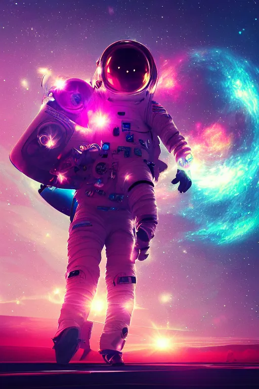 Prompt: psychedelic astronaut letting go of reality and experiencing the quantum feild, matte painting comic book art, cinematic, highly detailed, realistic, beautiful cosmic neural network, octane render, unreal engine, depth of field, trending on artstation, sharp focus, philosophical splashes of colors
