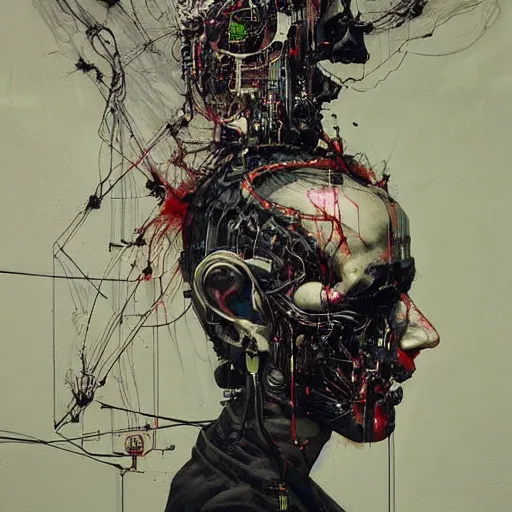 Image similar to in a dark room, a male cyberpunk hacker, skulls, wires cybernetic implants, machine noir steelpunk grimcore, in the style of adrian ghenie esao andrews jenny saville surrealism dark art by james jean takato yamamoto and by ashley wood