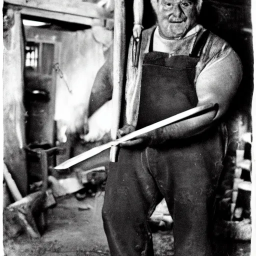 Prompt: blacksmith making a pickaxe with shrek in the backrooms, film grain,