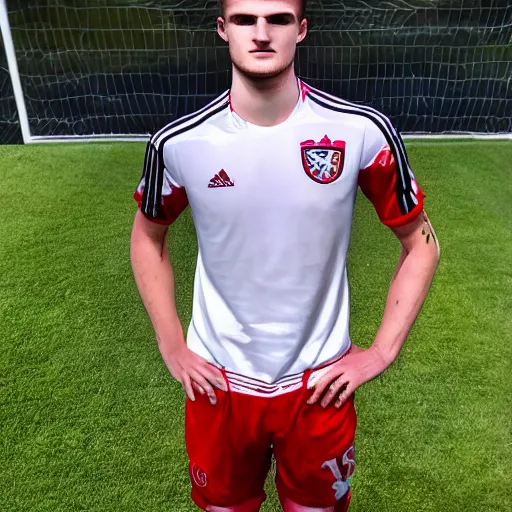 Image similar to a realistic detailed photo of a guy who is an attractive humanoid who is half robot and half humanoid, who is a male android, soccer player timo werner, shiny skin, posing like a statue, blank stare, by the pool, on display