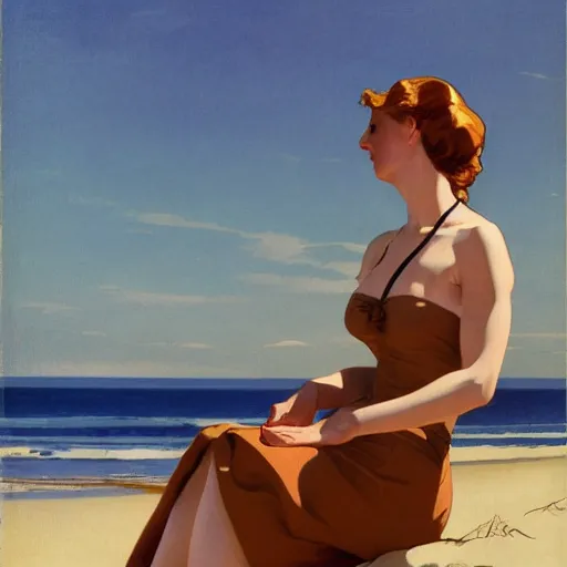 Image similar to woman on the beach by leyendecker