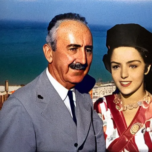 Image similar to francisco franco spending the summer with rosalia in benidorm.