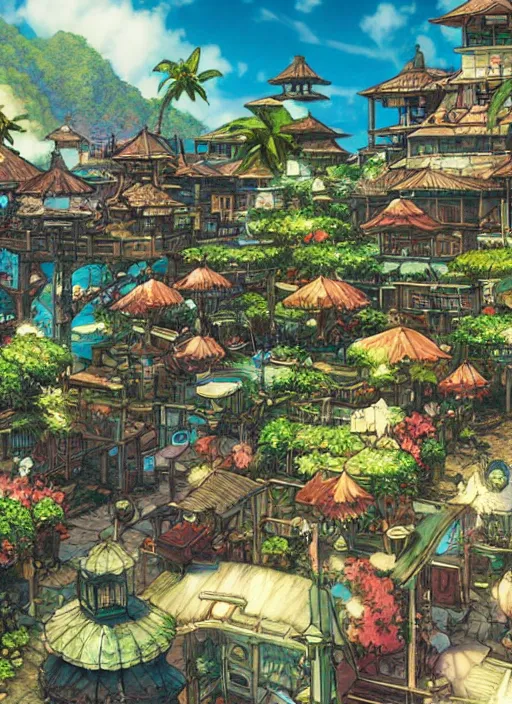 Image similar to Fantasy tropical port town. hidari, color page, tankoban, 4K, tone mapping, Akihiko Yoshida.