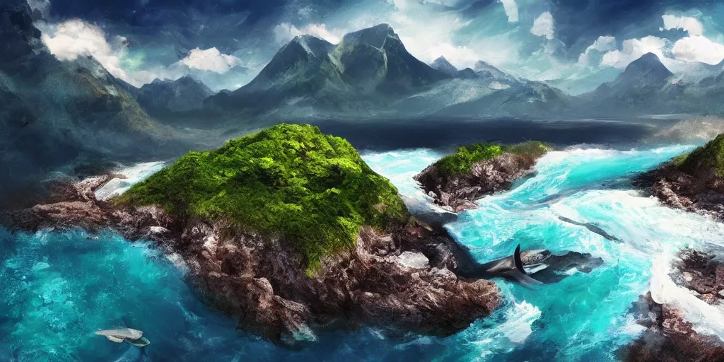 Prompt: concept art, beautiful nature, high mountains higher than clouds with green trees on top, a small wooden bridge connecting two mountains, ocean beneath the mountains with clear blue water, whales showing from the waves, cinematic, 8k, highly detailed