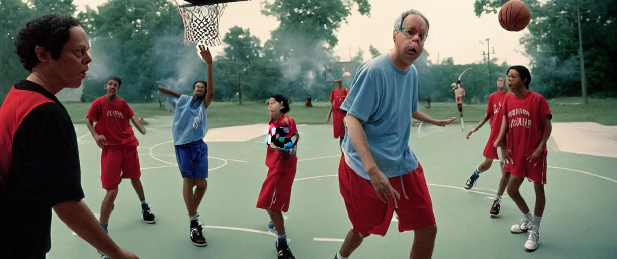 Image similar to award winning photo of todd solondz playing basketball in the hood and smoking weed, vivid colors, happy, symmetrical face, beautiful eyes, studio lighting, wide shot art by sally mann & arnold newman, francis bacon, ewa juszkiewicz, jenny saville, yayoi kusama, ai weiwei and gregory crewdson