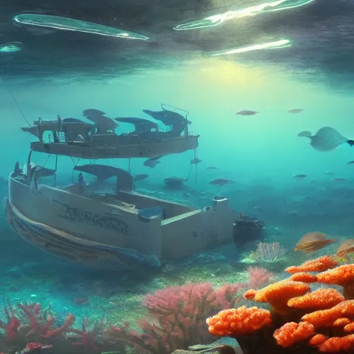 Prompt: Glass bottom boat over a coral reef, by Greg Rutkowski and Thomas Kinkade, dramatic lighting, trending on artstation 4k.