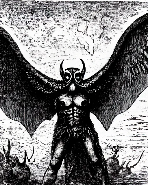 Image similar to illustration of mothman as a demon from the dictionarre infernal, etching by louis le breton, 1 8 6 9, 1 2 0 0 dpi scan, ultrasharp detail, clean scan