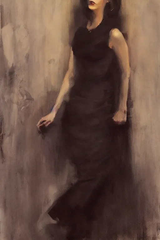 Image similar to Richard Schmid and Jeremy Lipking full length portrait painting of film noir femme fatale