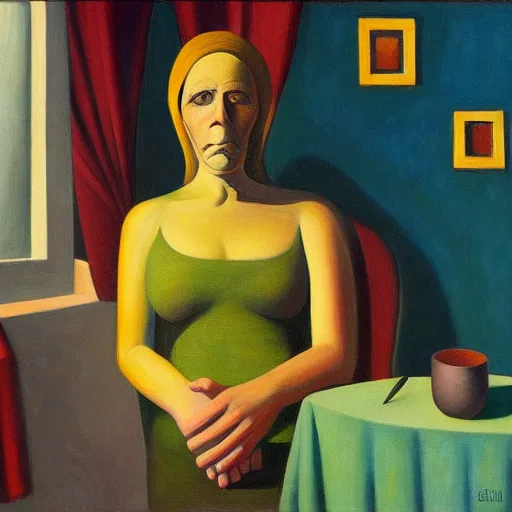 Prompt: the soothsayer, grant wood, pj crook, edward hopper, oil on canvas