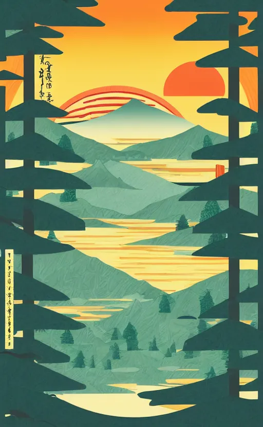 Image similar to hanafuda, an aperture to a lake in a forest of japanese pines, a big red sun in the background, front game card, vector line art, trending on behance, concept art, stunning, matte