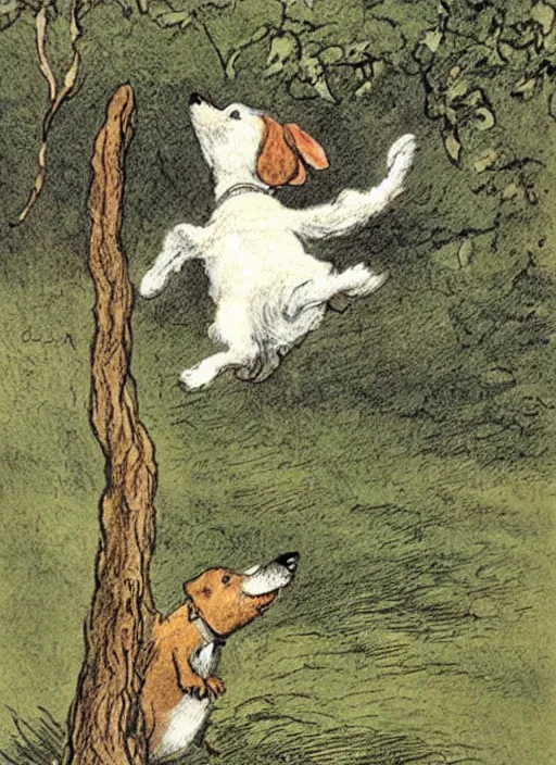 Prompt: jack russel terrier jumping from the ground over a small tree, illustrated by peggy fortnum and beatrix potter and sir john tenniel