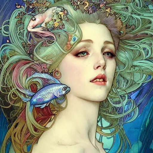 Prompt: realistic detailed face portrait of Mermaid Marie Antoinette surrounded by colorful betta fish by Alphonse Mucha, Ayami Kojima, Amano, Charlie Bowater, Karol Bak, Greg Hildebrandt, Jean Delville, and Mark Brooks, Art Nouveau, Neo-Gothic, gothic, rich deep moody colors