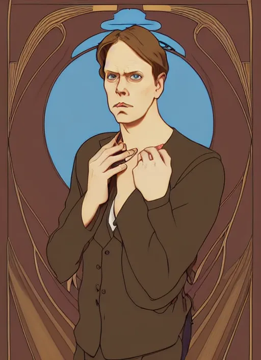 Image similar to art nouveau portrait of geoff rickly with short light brown straw blond hair, light blue eyes, sad expression, scared, head down, shy and demure, natural lighting, path traced, highly detailed, high quality, cartoon, digital painting, by don bluth and ross tran and studio ghibli and alphonse mucha