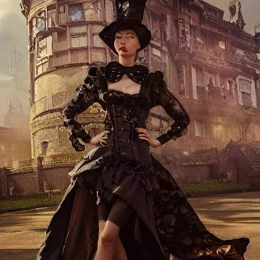 Prompt: a fancy photograph of an attractive women in a steampunk style high cut dress by greg rutkowski, sung choi, mitchell mohrhauser, maciej kuciara, johnson ting, maxim verehin, peter konig, 8 k photorealistic, cinematic lighting, hd, high details, dramatic, dark atmosphere, trending on artstation