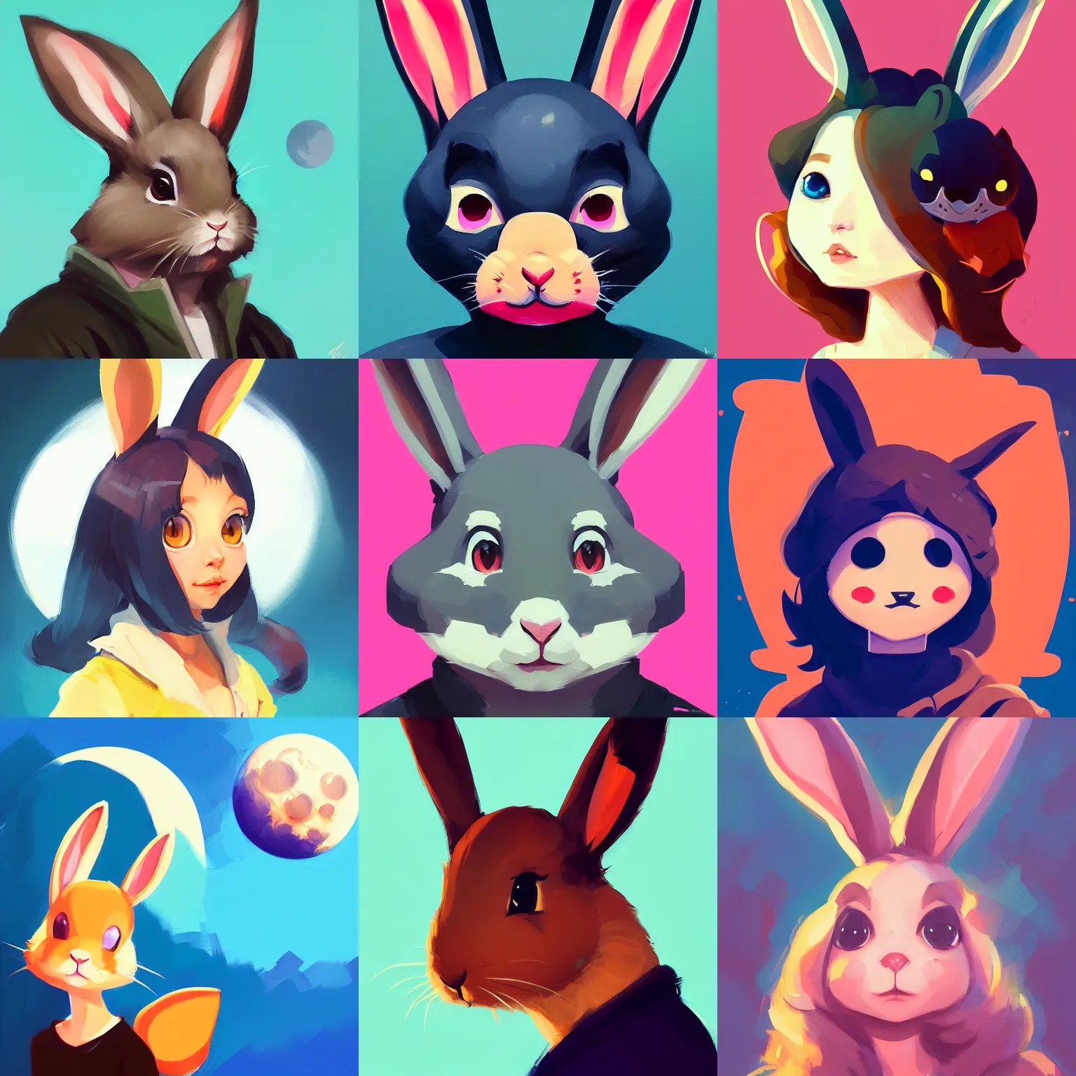 Prompt: cartoony, cute kawaii Greg Manchess portrait painting of a rabbit bunny animal character, head shot, splashscreen, Organic Painting, Matte Painting, bold shapes, hard edges, app icon, moon in background, trending on artstation, by Sachin Teng, artgerm, rossdraws