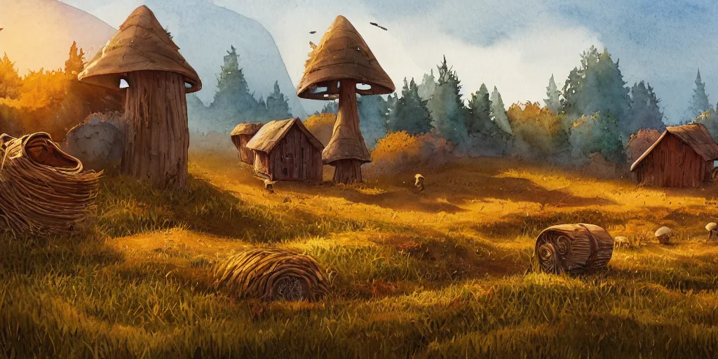 Prompt: epic illustration, incredible wide screenshot, ultrawide, simple watercolor, rough paper texture, autumn, house that is a mushroom, pumpkin patch, rustic, folk, haybales, moss, crows, scarecrow, realism, pale beige sky, texture, brown mud, dust, backlit distant shot a scenic environment by Anton Fadeev