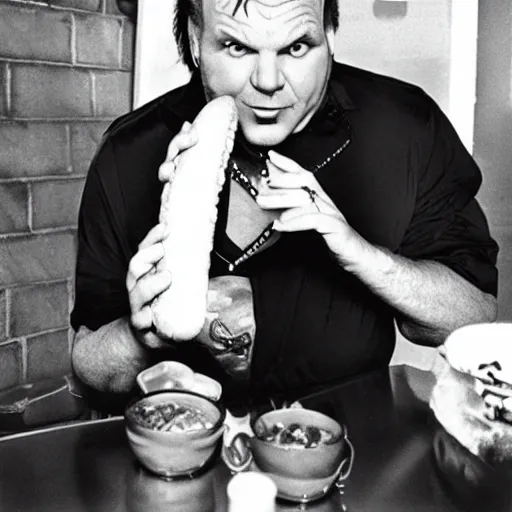 Prompt: meatloaf the singer eating a hot dog