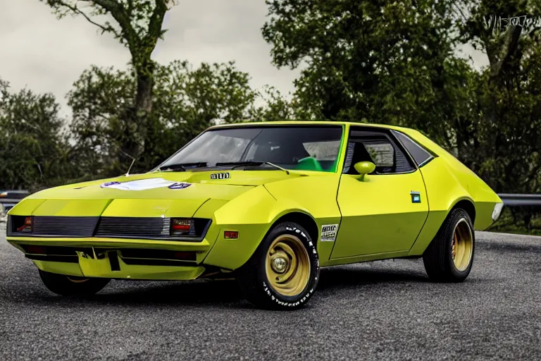 Prompt: vintage race footage, archival, 1974 AMC AMX/3 Gremlin, XF IQ4, 150MP, 50mm, F1.4, ISO 200, 1/160s, natural light, Adobe Photoshop, Adobe Lightroom, photolab, Affinity Photo, PhotoDirector 365