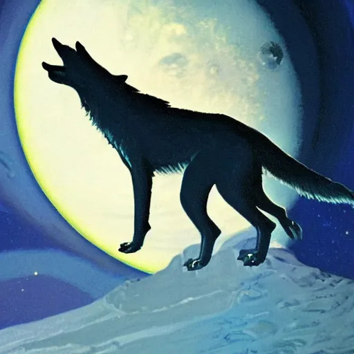 Prompt: a close up of a wolf howling at the night sky with the planet Saturn, dark Sci Fi, stylized, painting by Norman Rockwell, trending on artstation