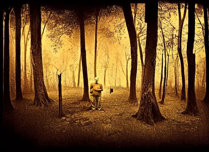 Image similar to old retro burnt out sepia photograph with scratches of an old and wrinkled man testing a golden coin with his teeth. magical forest in the background with bokeh. Antique. High quality 8k. Intricate. Sony a7r iv 35mm. Award winning. Zdzislaw beksinski style