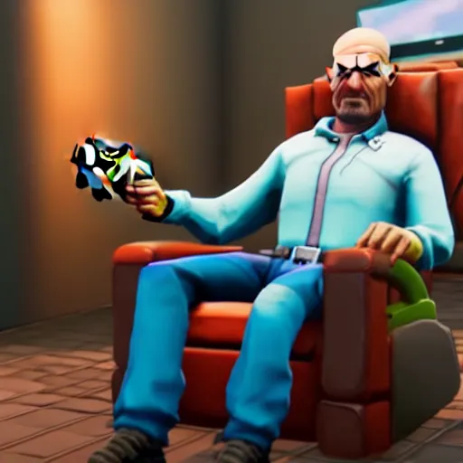Prompt: realistic gamer walter white on a gaming chair playing fortnite