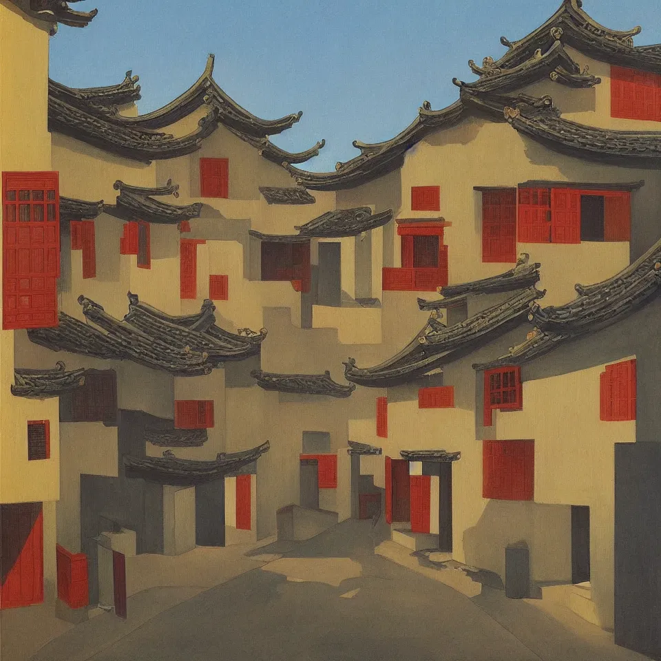 Image similar to a painting of hongcun ancient village houses by edward hopper and nicolas party