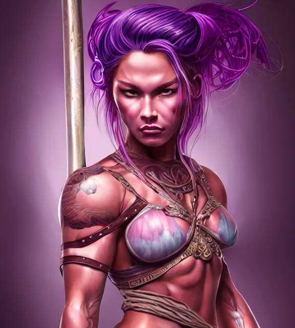 Image similar to muscular female warrior holding katana hilt, perfect face, diadem, detailed neon tattoos, halter top, purple flowing hair, abs, cinematic, blush, stunning, athletic, strong, agile, highly detailed, psychedelic, digital painting, artstation, smooth, hard focus, rim lighting, back lighting, illustration, art by jessica rossier and and brian froud