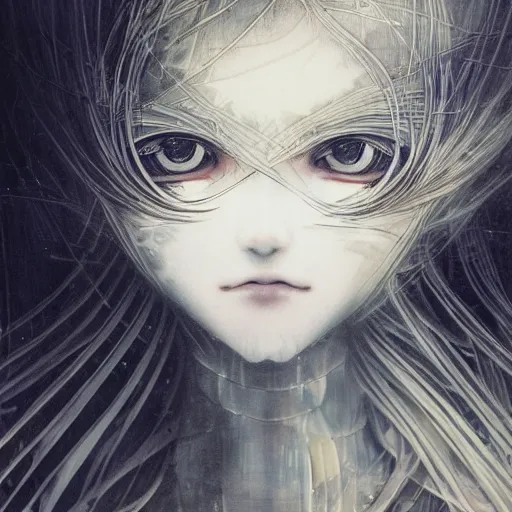 Image similar to yoshitaka amano blurred and dreamy illustration of an anime girl with black eyes, wavy white hair fluttering in the wind wearing elden ring armor with engraving, abstract black and white patterns in the background, noisy film grain effect, highly detailed, renaissance oil painting, weird portrait angle, blurred lost edges, three quarter view