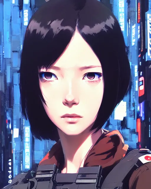 Image similar to girl wearing in tactical gear | | audrey plaza, fine detail!! anime!! realistic shaded lighting!! dramatic!! poster by ilya kuvshinov katsuhiro otomo ghost - in - the - shell, magali villeneuve, artgerm, jeremy lipkin and michael garmash and rob rey