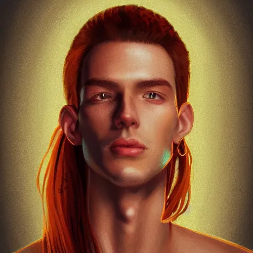 Image similar to portrait of a thin young man with long red hair, ponytail, a lot of freckles on his face, an earring, intricate, elegant, glowing lights, highly detailed, digital painting, artstation, concept art, smooth, sharp focus, illustration